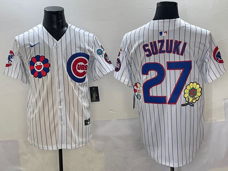 Men Chicago Cubs #27 Suzuki White Stripe Flower Edition 2025 Nike MLB Jersey style 2